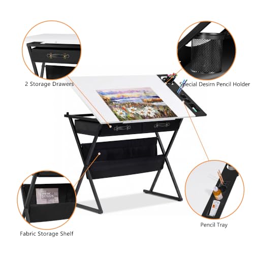 VECELO Drafting Table Art Desk Art Table Adjustable Drawing Table Tilted Tabletop with 2 Storage Drawers and Stool, Drawing Desk for Artist Painters Drawing, Crafting, Reading, Writing, White - color: White