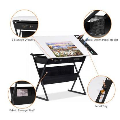 VECELO Drafting Table Art Desk Art Table Adjustable Drawing Table Tilted Tabletop with 2 Storage Drawers and Stool, Drawing Desk for Artist Painters Drawing, Crafting, Reading, Writing, White - color: White