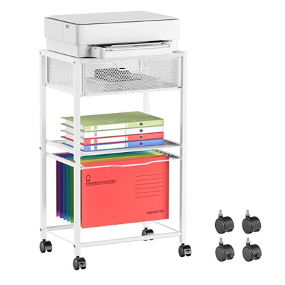 Cawukege 3 Tier Printer Stand, Small Mobile Table with Wheels, Printer Shelf Rolling Cart with Storage Desk Organizer Hanging File for Office Home, White - color: White