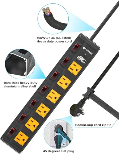 CRST 6 Outlet Metel Power Strip with Individual Switches 15A/1875W, 6FT - color: Yellow and Black, size: 6FT