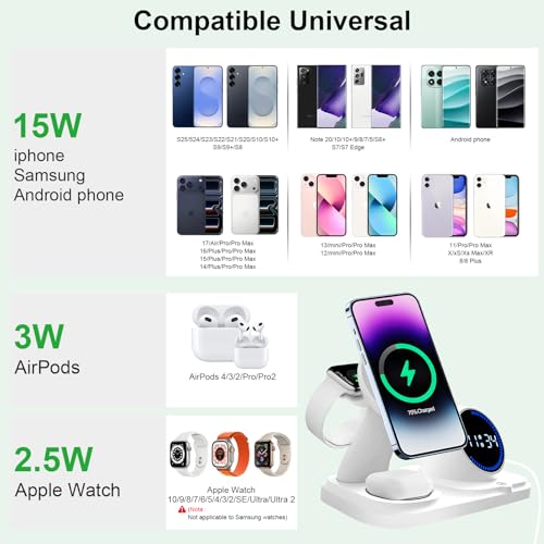 6-in-1 Wireless Charging Station with Bluetooth Speaker,Digital Clock and Ambient Lights,Fast Wireless Charger for Multiple Devices for Apple - iPhone 17 16 15 14 13 12 Pro Max Apple Watch Airpods