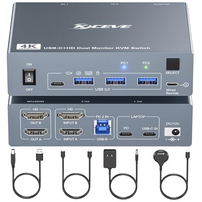 USB C KVM Switch 2 Monitors 1 Laptop 1 Desktop 4K@60Hz, HDMI Dual Monitor KVM Switch 2 Computers Share 2 Monitors and 4 USB3.0 Ports, 80W PD Charging, Wired Remote,USB-C Cable and 12V Adapter Included