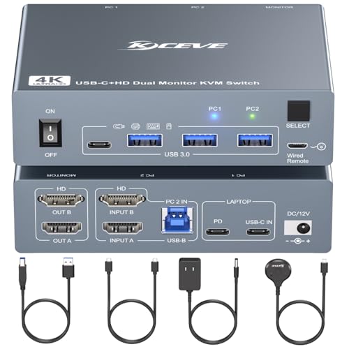 USB C KVM Switch 2 Monitors 1 Laptop 1 Desktop 4K@60Hz, HDMI Dual Monitor KVM Switch 2 Computers Share 2 Monitors and 4 USB3.0 Ports, 80W PD Charging, Wired Remote,USB-C Cable and 12V Adapter Included