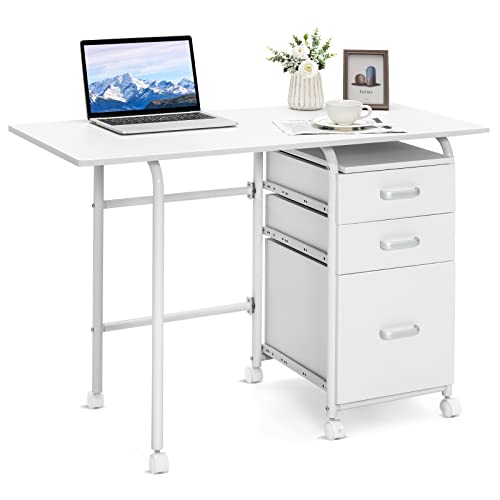Tangkula White Folding Desk with 3 Drawers, Mobile Home Office Desk Study Writing Desk with Smooth Wheels, Space Saving Compact Table for Dorm Apartment, Rolling Couch Desk Table - color: White