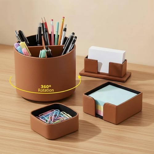 4 Pcs Rotating Leather Pen Holder for Desk Organizer Office Supplies Business Card Sticky Note Holder Paperclip Storage Desk Accessories Set for Teacher Back to School Gift(Brown) - color: Brown