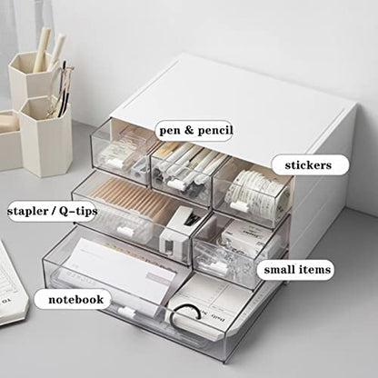 Lyellfe 3 Tier Small Desk Organizer with 6 Drawer, Stackable Desktop Storage Box, Portable Size Office Supplies Jewelry Storage Case, Makeup and Stationary Organizer for Cosmetic, School Supply
