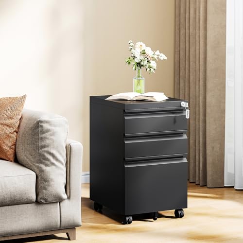 MIIIKO File Cabinet 3 Drawers on Wheels Under Desk, Black Metal Rolling File Cabinets with Lock for Home Office, Un-Assembled Filing Cabinet with Lock - color: Black, size: 3 Drawer-14.57"W -Mobile-a