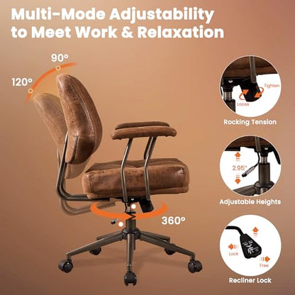 Brown Leather Home Office Chair, Mid Back Ergonomic Desk Chair with Lumbar Support, Mid Century Modern Deep Seat Swivel Rocking Computer Chair, Dark Brown Suede - color: Dark Brown,suede Fabric, size: Big Mid Back