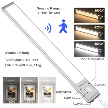 2 Pack Under Cabinet Lighting, 12in Rechargeable Motion Sensor Light Indoor - size: 12in-2pack