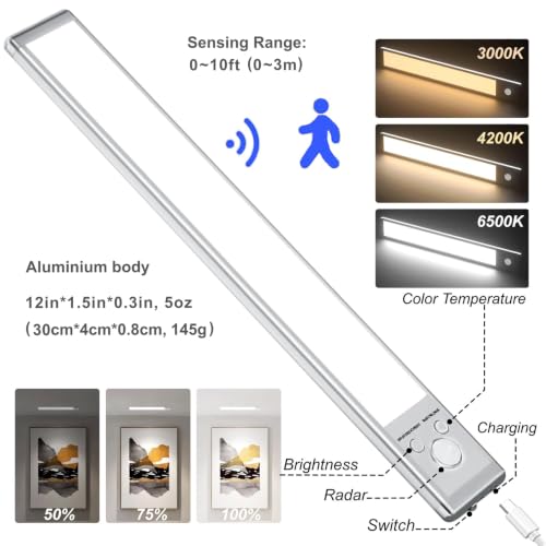 4 Pack Under Cabinet Lighting, 12in Rechargeable Motion Sensor Light Indoor - size: 12in-4pack