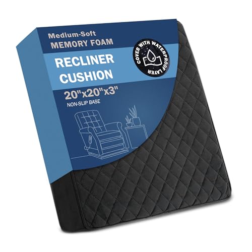 Medium-Soft 20x20x3 Memory Foam Recliner Chair Seat Cushion for Long Sitting - Armchair Pad with Washable Velvety Cover with Waterproof Layer & Non-Slip Base for Seniors & Elderly - Black - color: Black, size: 20x20x3"