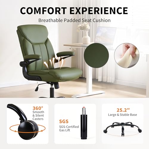 Ergonomic Home Office Chair PU Leather Comfy Computer Chair, Green | Flip-up Armrest, Height Adjustable, Lumbar Support, 360° Swivel Wheels Managerial Executive Chairs for Work Gaming Home Use - color: Green