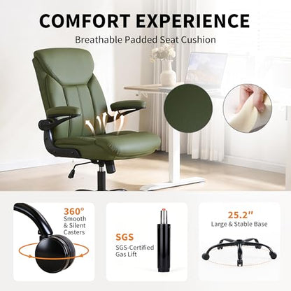 Ergonomic Home Office Chair PU Leather Comfy Computer Chair, Green | Flip-up Armrest, Height Adjustable, Lumbar Support, 360° Swivel Wheels Managerial Executive Chairs for Work Gaming Home Use - color: Green