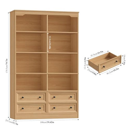 71" Tall Bookshelf with 4 Drawers Large Bookshelf Office Bookcase | 6-Tier Double Wide Bookshelves and Bookcases with Storage, Tall Bookshelf Standing Book Cabinet for Home Office, Natural - color: Natural