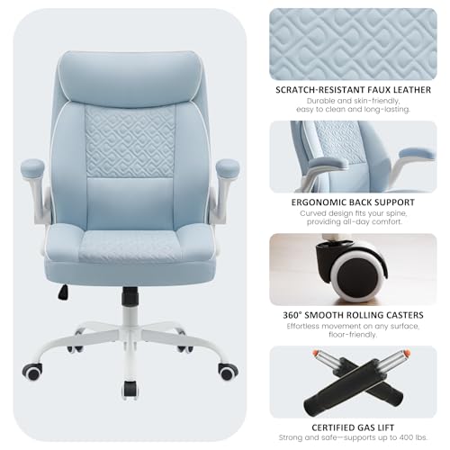 Executive Office Chair with High Back, Computer Desk Chair with Lumbar Support,Comfortable Leather Home Office Chairs 400lbs with Padded Flip-up Armrests, Adjustable Height,Tilting, LightBlue - color: Blue