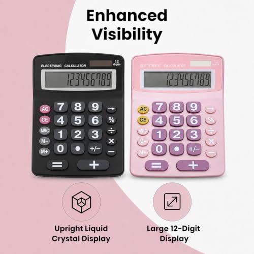 Lily's Home Jumbo 12-Digit Desktop Calculator Set of 2 (Black & Pink), Solar/Battery Dual Power, Large Tilted LCD Display, Big Button Design, Quiet Operation, for Office, School, Business & Home Use - color: Black&Pink