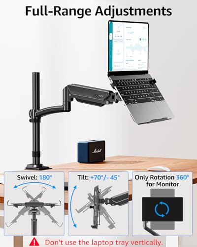 MOUNTUP Laptop Desk Mount, Adjustable Laptop Stand for max 17" Notebook or 32" Monitor, Laptops Arm Mount for Desk Holds 4.4-22lbs, Tall Laptops Stand with Clamp/Grommet - size: Single-With Pole
