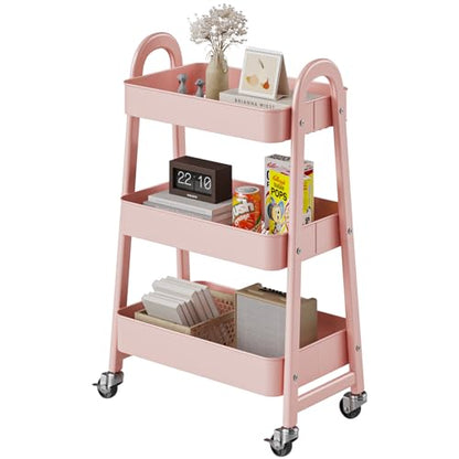 DUMOS 3 Tiers Rolling Cart, Utility Cart, Metal, Pink | Mobile Storage, Lockable Wheels, Utility Shelving Unit, Kitchen, Bathroom, Laundry, Narrow Places - color: 3 Tiers Pink