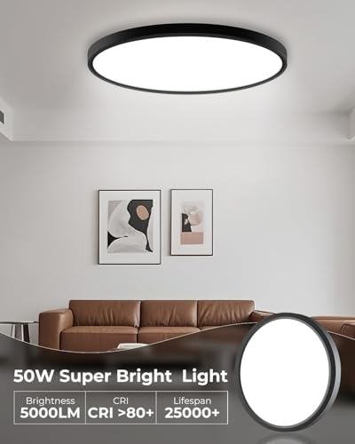 hepside 23INCH Big Dimmable Flush Mount Ceiling Light Fixture Black, 3000/4000/6500K Ceiling Lamp, 50W 5000LM Super Bright Low Profile Light for Bedroom, Kitchen, Bathroom, Hallway - color: Black, size: 23Inch-1pack