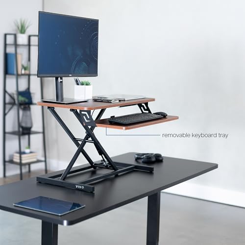 VIVO 32 in Standing Desk Riser, Height Adjustable Workstation - color: Dark Walnut, size: 32"