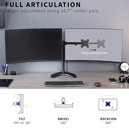 VIVO Premium Dual Ultra Wide LCD LED 27 to 38 inch Monitor Desk Stand, Heavy Duty, Free-Standing Telescoping Arms, Flush Wall Setup, Fits 2 Screens, Black, STAND-TS38B - color: Black