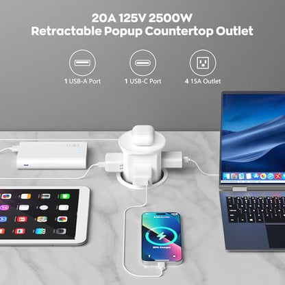 Pop Up Countertop Outlet with 15W Wireless Charger,Pop up Outlet,Max 20W USB Power Delivery,Free 3.94"（100mm） Hole Opener,Pop Up Electrical Outlet with 4 Outlets 15A, 2 USB Ports for Home Office.