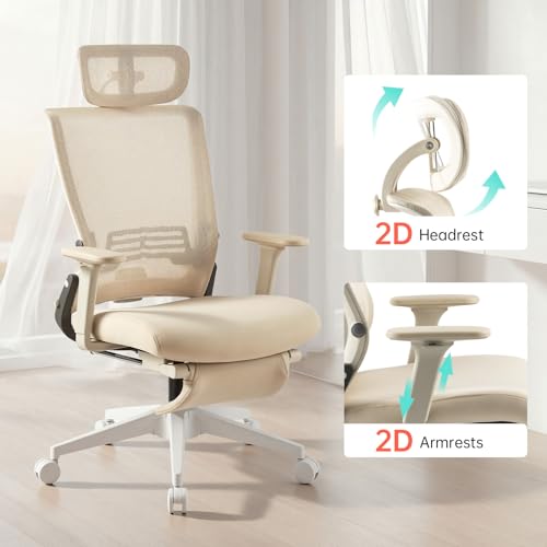Ergonomic Foldable Office Chair with Footrest and Lumbar Support, Cream - color: Cream