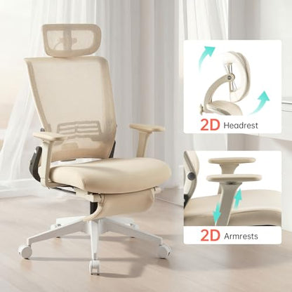 Ergonomic Foldable Office Chair with Footrest and Lumbar Support, Cream - color: Cream