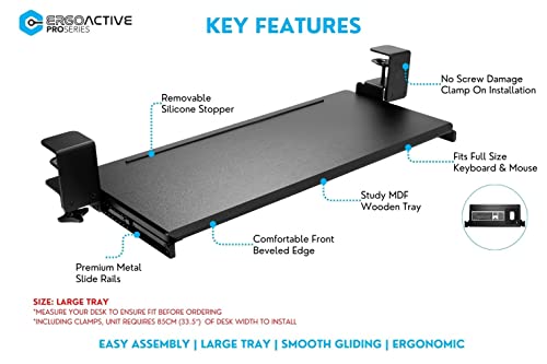ErgoActive Wide Under Desk Slide Out Keyboard Tray with Clamp On Easy Installation, Fits Full Size Keyboard and Mouse, Under Desk Drawer (Wood Tray)