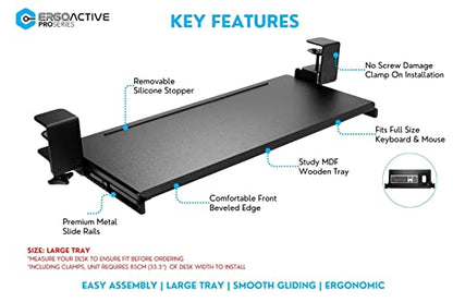 ErgoActive Wide Under Desk Slide Out Keyboard Tray with Clamp On Easy Installation, Fits Full Size Keyboard and Mouse, Under Desk Drawer (Wood Tray)