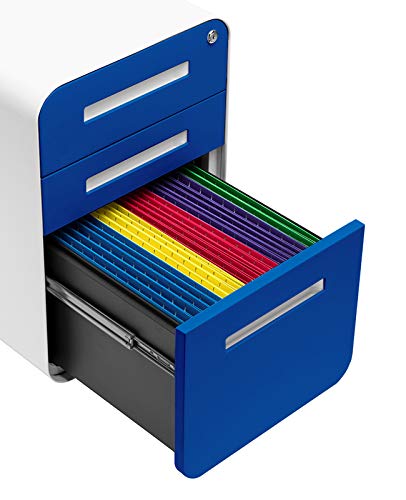 Laura Davidson Furniture Stockpile 3 Drawer File Cabinet with Lock - Under Office Desk Metal Filing Cabinet, Legal/Letter File Folders, Wheels and Stationary Feet, Pre-Assembled, Blue Faceplate - color: Blue Faceplate
