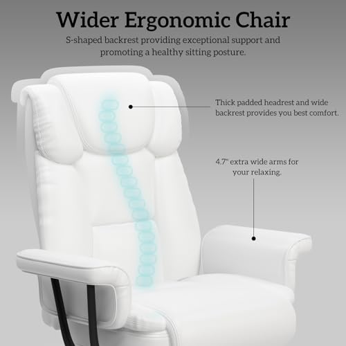 GYI 160 Reclining Office Chair with Footrest, Big & Tall Desk Chair, White | Cross Legged Seat, High Back, Faux Leather, Heavy Duty Base, Adjustable Height, for Home, Executive - color: White