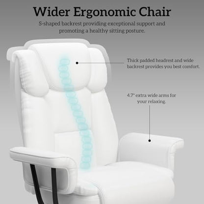 GYI 160 Reclining Office Chair with Footrest, Big & Tall Desk Chair, White | Cross Legged Seat, High Back, Faux Leather, Heavy Duty Base, Adjustable Height, for Home, Executive - color: White