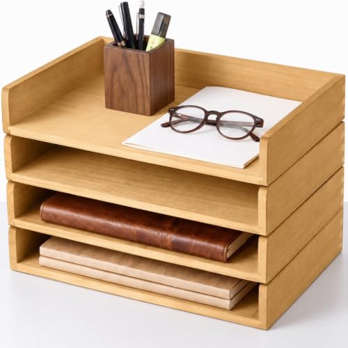Yeaqee 4 Pcs Stackable Organizer Tray Wood Desk Organizer, Light Wood Color - color: Light Wood Color