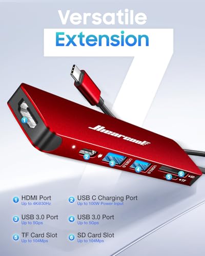 Hiearcool USB C Hub, 7-in-1 USB C Dongle for MacBook, HDMI, PD, Dark Red - color: Dark Red