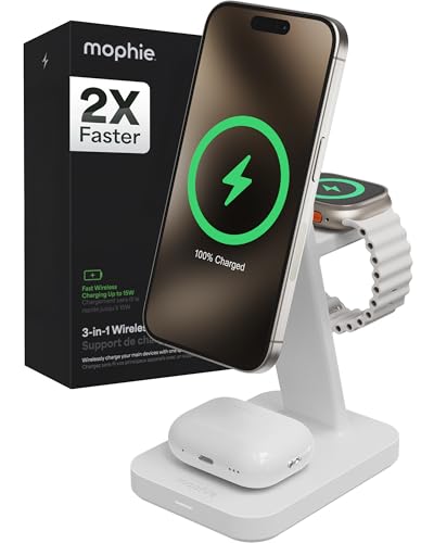 Mophie Snap+ 3-in-1 Wireless Charging Stand - MagSafe & Qi2 Certified, Compatible w/iPhone 17/16/15/14/13/12, Apple Watch, AirPods - Multi-Device Magnetic Charging Station, Eco-Friendly Design, White