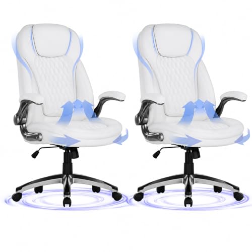 COLAMY High Back Executive Office Chairs Set of 2, Ergonomic PU Leather Desk Chairs with Flip-Up Armrests, Adjustable Height, Lumbar Support, Comfortable Computer Chairs for Home Office, White - color: White, size: set of 2