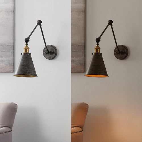 JONATHAN Y Rover 1-Light Wall Sconce 7", Rustic Dark Gray | Adjustable Arm, Hardwired Bedside Reading Swing Arm, Farmhouse Cone Shade, Metal Hardwired Indoor Fixture, LED Bulbs Included - color: Rustic Dark Gray/Brass Gold, size: Set of 1