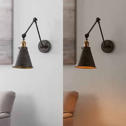 JONATHAN Y Rover 1-Light Wall Sconce 7", Rustic Dark Gray | Adjustable Arm, Hardwired Bedside Reading Swing Arm, Farmhouse Cone Shade, Metal Hardwired Indoor Fixture, LED Bulbs Included - color: Rustic Dark Gray/Brass Gold, size: Set of 1