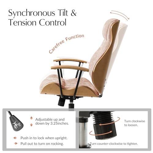 HULALA HOME Solid Wood Office Chair with High Backrest, Spice | Mid Century Modern Bentwood Desk Chair with Tilt Function, Swivel Fabric Computer Task Chair, Height Adjustable, Metal Base - color: Spice