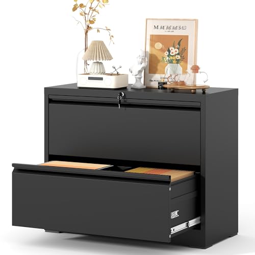 2 Drawer Lateral File Cabinet with Lock, Heavy Duty Wide Steel Filing Cabinet for Home Office, 27" W Horizontal Storage Cabinet for Letter/Legal/A4/F4 Hanging Files, Easy Assembly (Black) - color: Black, size: 2 Drawers-Small