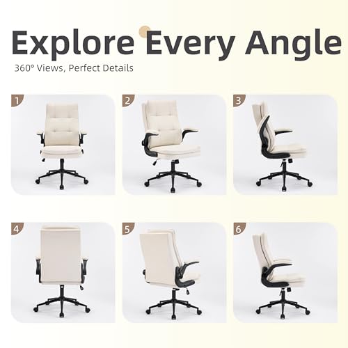 VINGLI Comfy Beige Leather Office Desk Chair, High-Back Support Ergonomic Computer Task Gaming Chair,with Removable wheels,360° Swivel,Adjustable Height,Flip-Up Arms,for Adults,Teen,Vanity,Home Office - color: Light Khaki-cat Scratch Pu