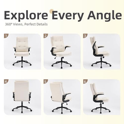 VINGLI Comfy Beige Leather Office Desk Chair, High-Back Support Ergonomic Computer Task Gaming Chair,with Removable wheels,360° Swivel,Adjustable Height,Flip-Up Arms,for Adults,Teen,Vanity,Home Office - color: Light Khaki-cat Scratch Pu