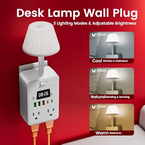 Bedside Power Strip with Lamp & Digital Clock, 4 Outlets 5 USB Ports (2 USBC), 3-Color Temperature Dimmable Bedside Nightstand Light, Multi Plug Outlet Extender for Bedroom Home Office, Coffee Counter - color: White