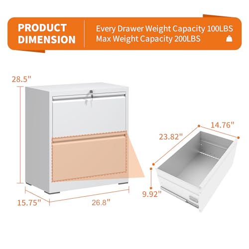 2 Drawer Lateral File Cabinet with Lock,White Metal Filing Cabinet - color: White, size: 26.8"W-2 drawers