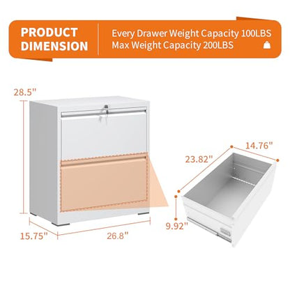 2 Drawer Lateral File Cabinet with Lock,White Metal Filing Cabinet - color: White, size: 26.8"W-2 drawers
