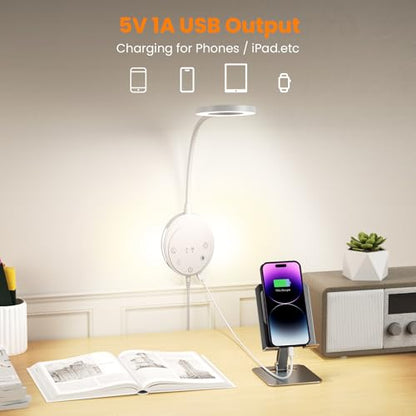 Wall Mounted Reading Light,Bedside Headboard Lights with 5 Color Temperature &5 Dimming,360°Flexible Gooseneck,USB Output, Night Light&Timer Function- Perfect for Reading (White) - color: White