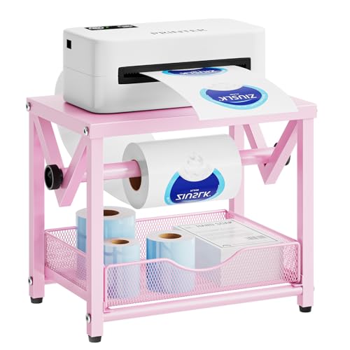 Marbrasse Label Holder for Rolls and Fanfold Labels, Metal Thermal Label Printer Holder with Drawer, Shipping Label Stand,Sticker Roll Holder for Home, Office, Small Business,Pink - color: Pink
