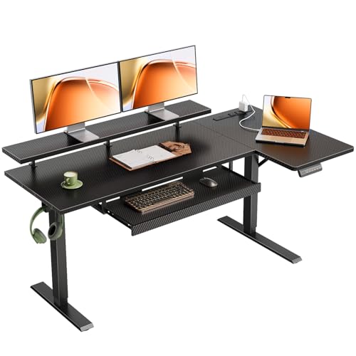 OffiGo 55" Reversible L Shaped Electric Standing Desk, Carbon Fiber Black | Monitor Stand, Keyboard Tray, Power Outlets, 3 Memory Presets, Corner Stand Up Desk for Ergonomic Home Office, Workstaion - color: Carbon Fiber Black, size: 55 Inch