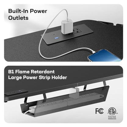 HUANUO 63″ L-Shaped Standing Desk, Built-in Power Outlets, Black